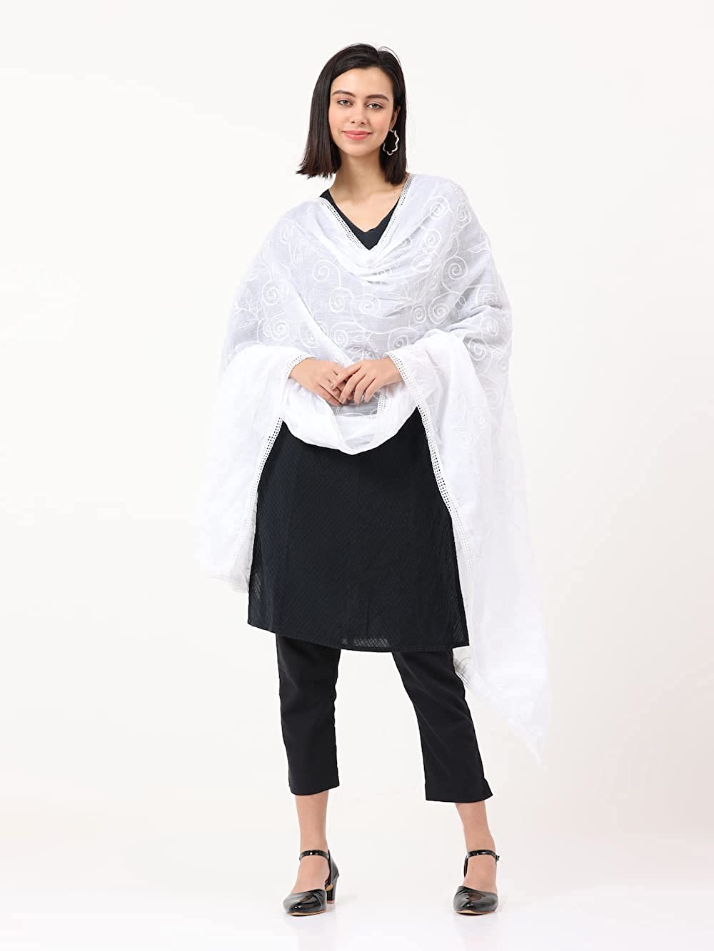100% COTTON Women's Fashion Designer Embroidered Dupatta Scarf for Women/Girls (Length: 2.2 meters, Made in India, Colour : White)