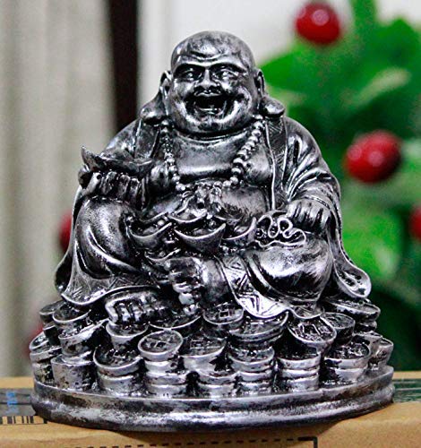 Fengshui Laughing Buddha Sitting on Luck Money Coins Carrying Golden Ingot for Good Luck & Happiness (5 inches)