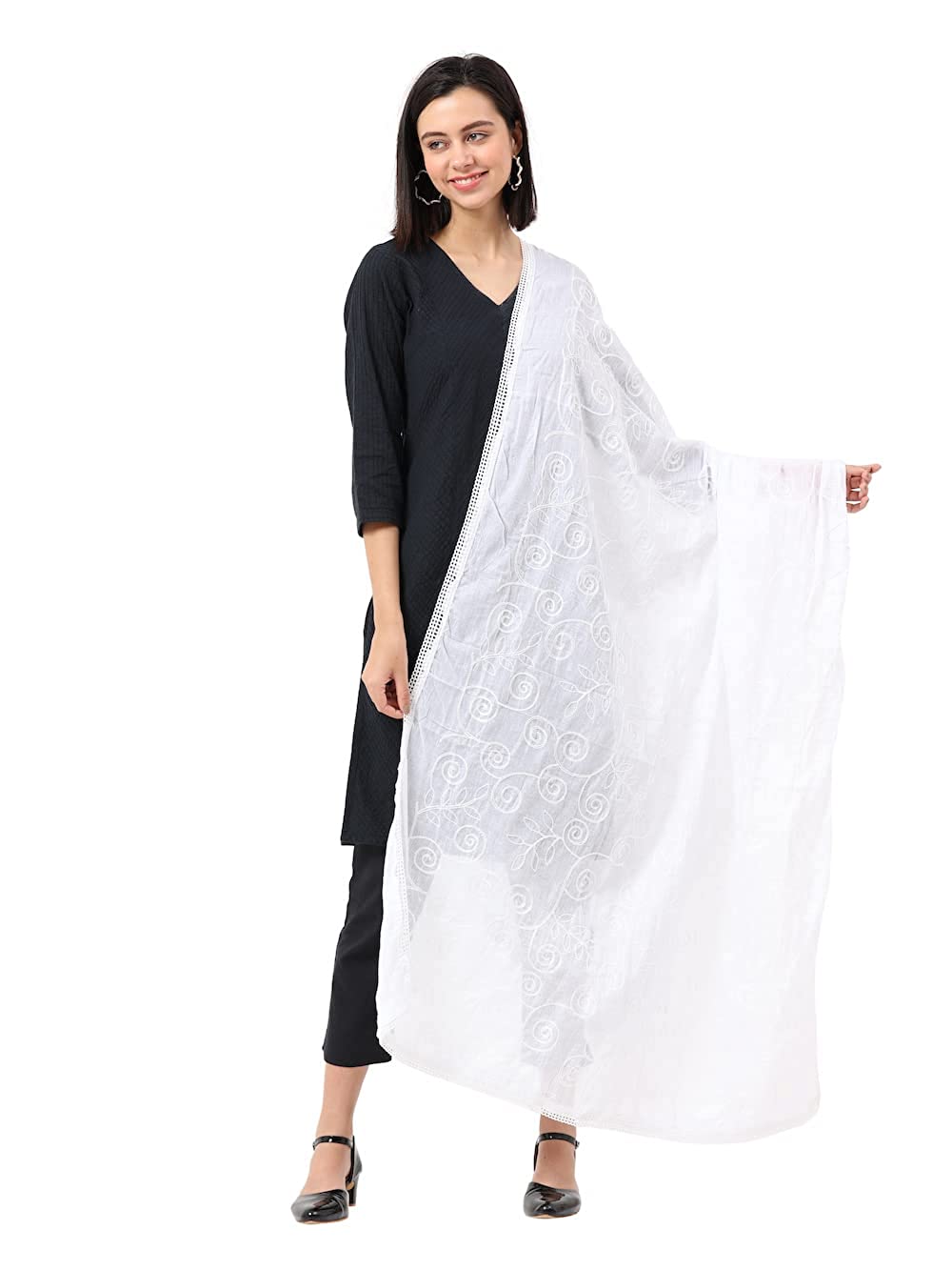 100% COTTON Women's Fashion Designer Embroidered Dupatta Scarf for Women/Girls (Length: 2.2 meters, Made in India, Colour : White)