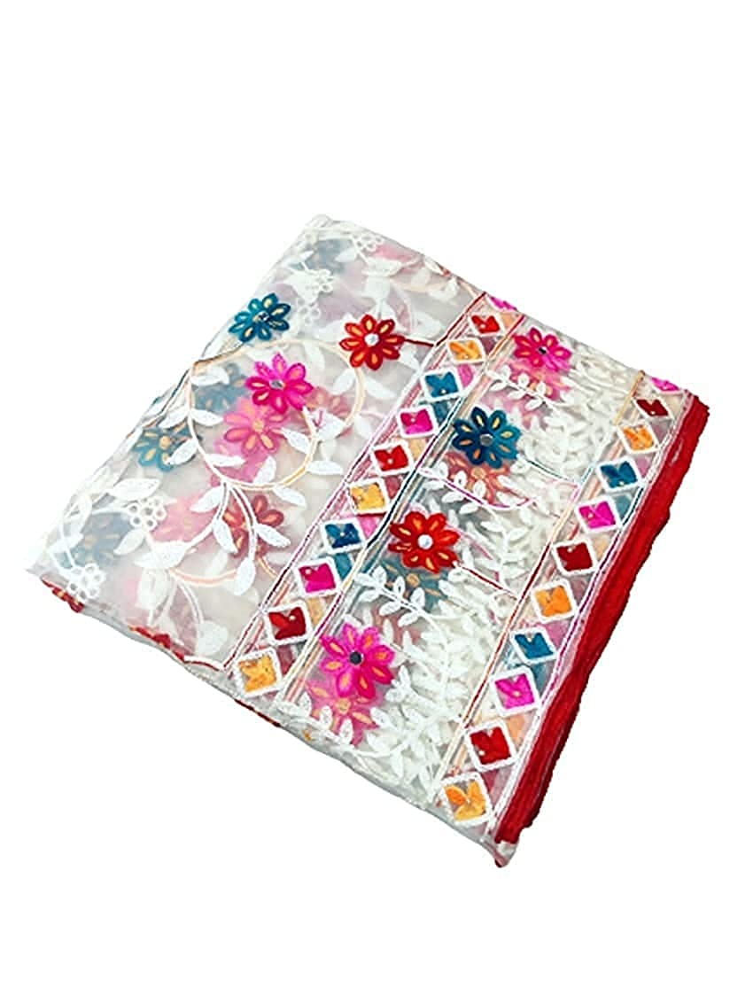 Women's Heavy White Colour Net Embroidered Fancy Phulkari Dupatta for women (White, Made in India)