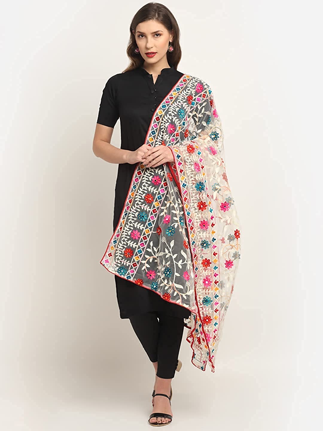 Women's Heavy White Colour Net Embroidered Fancy Phulkari Dupatta for women (White, Made in India)