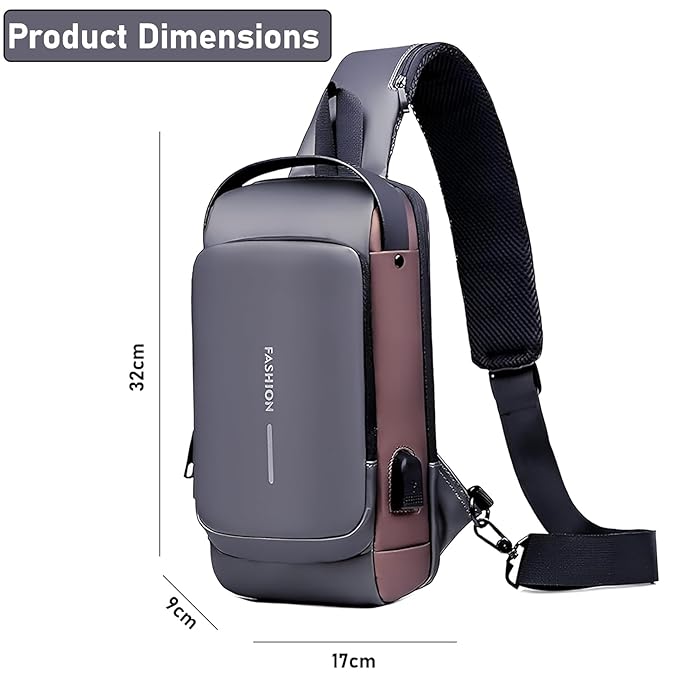 Calyssa Unisex Sling Bag with USB Charging port Shoulder Backpack With Multifunctional for Travel, Hiking, Camping, Daily Out, Crossbody Chest Bags, Waterproof (Grey)