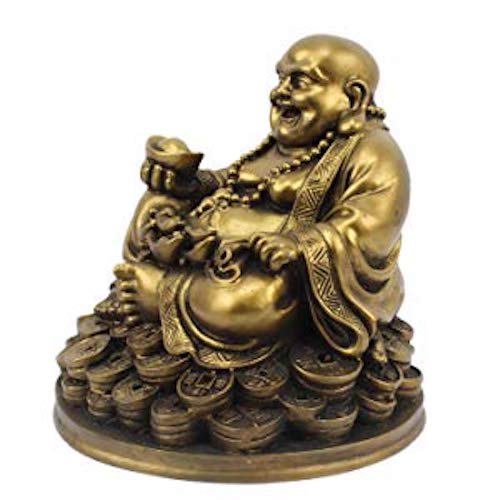 Fengshui Laughing Buddha Sitting on Luck Money Coins Carrying Golden Ingot for Good Luck & Happiness (5 inches)