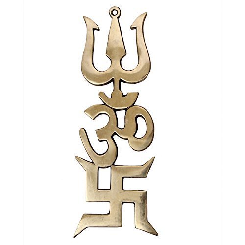 Trishakti Yantra Swastik, Om and Trishul Brass Home Decor Puja Wall Hanging & Gifting