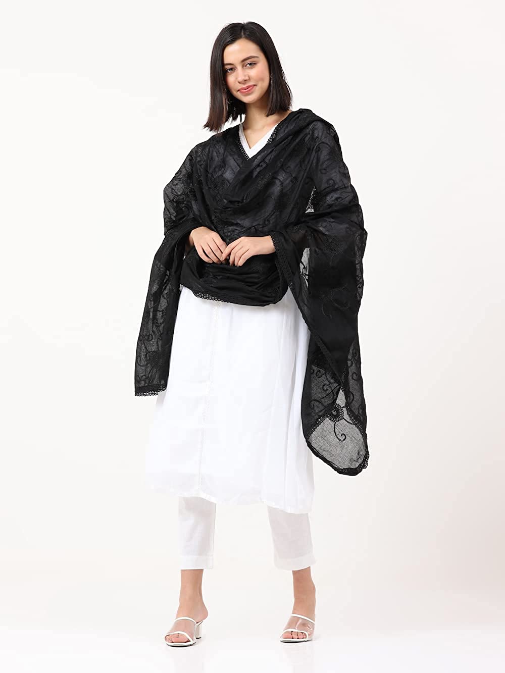 Women's Fashion Designer Embroidered COTTON Dupatta Scarf for Women/Girls (Length: 2.2 meters, Made in India, Colour : Black)