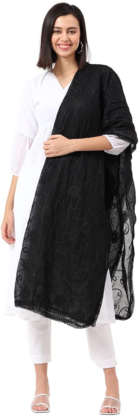 Women's Fashion Designer Embroidered COTTON Dupatta Scarf for Women/Girls (Length: 2.2 meters, Made in India, Colour : Black)