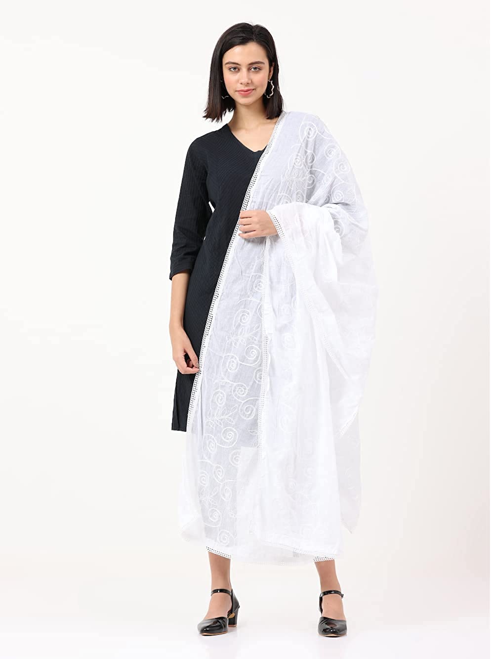 100% COTTON Women's Fashion Designer Embroidered Dupatta Scarf for Women/Girls (Length: 2.2 meters, Made in India, Colour : White)