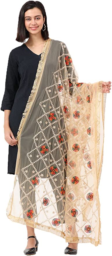 Women's Embroidered Big Flowers Fashion Net Dupatta Scarf Wrap (Length: 2.2 Meter, Colour: Golden, Made in India)