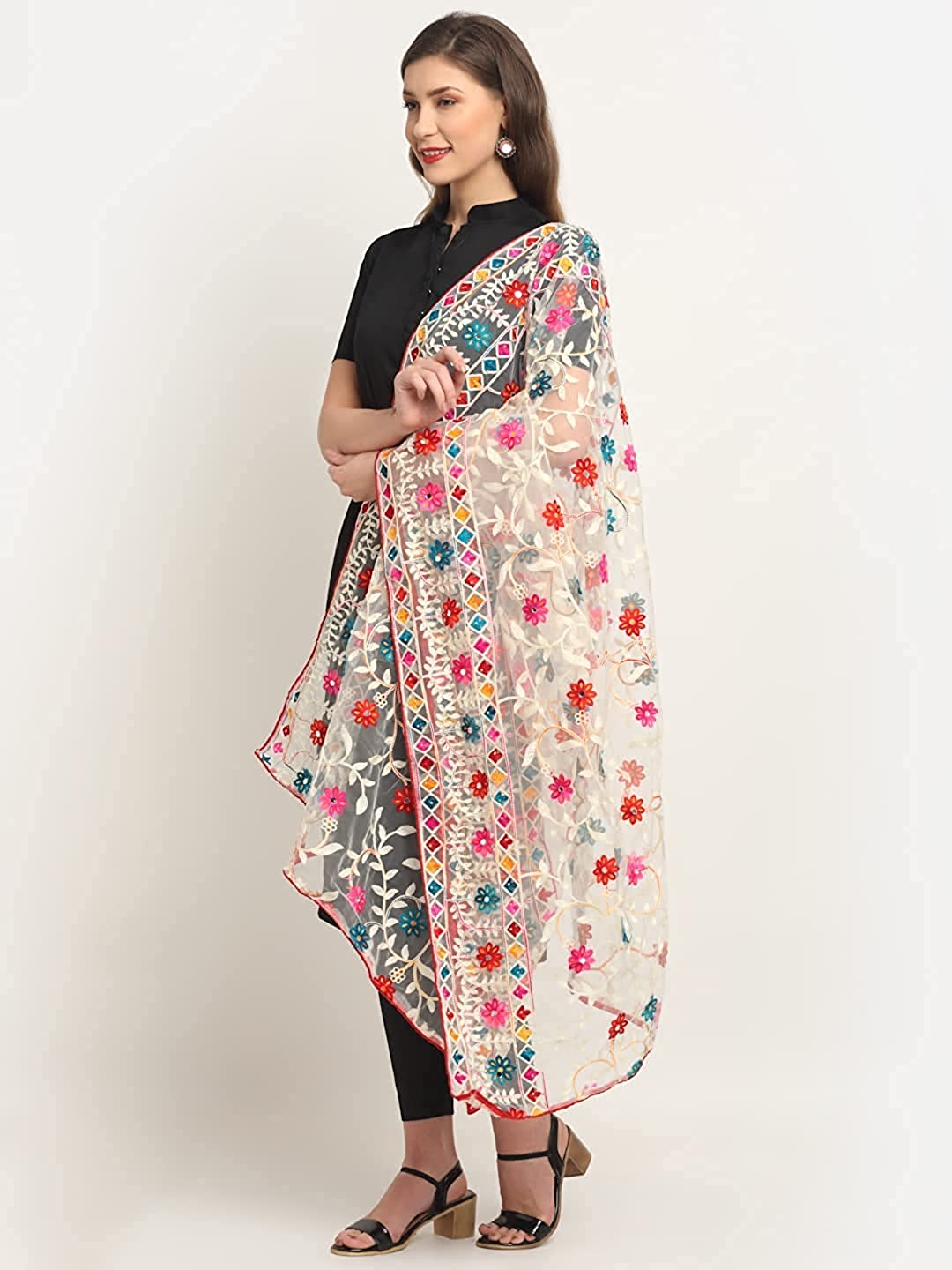 Women's Heavy White Colour Net Embroidered Fancy Phulkari Dupatta for women (White, Made in India)