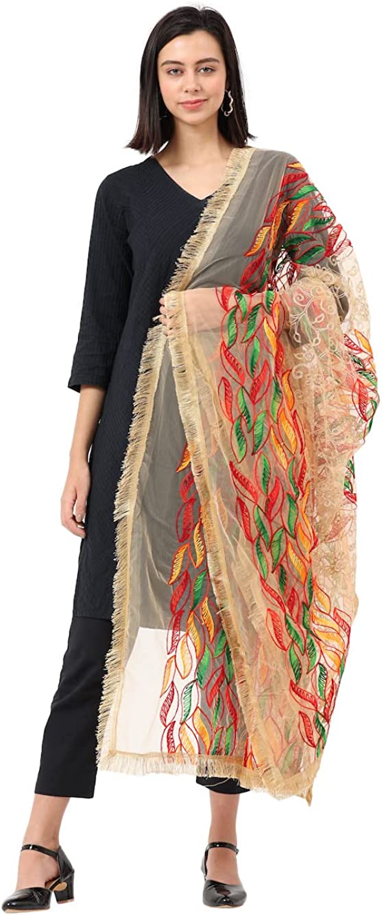 Women's Fashion Designer Heavy Embroidered Net Dupatta for Women/Girls (Length: 2.2 meters, Made in India, Colour : Golden with multi Stripe)