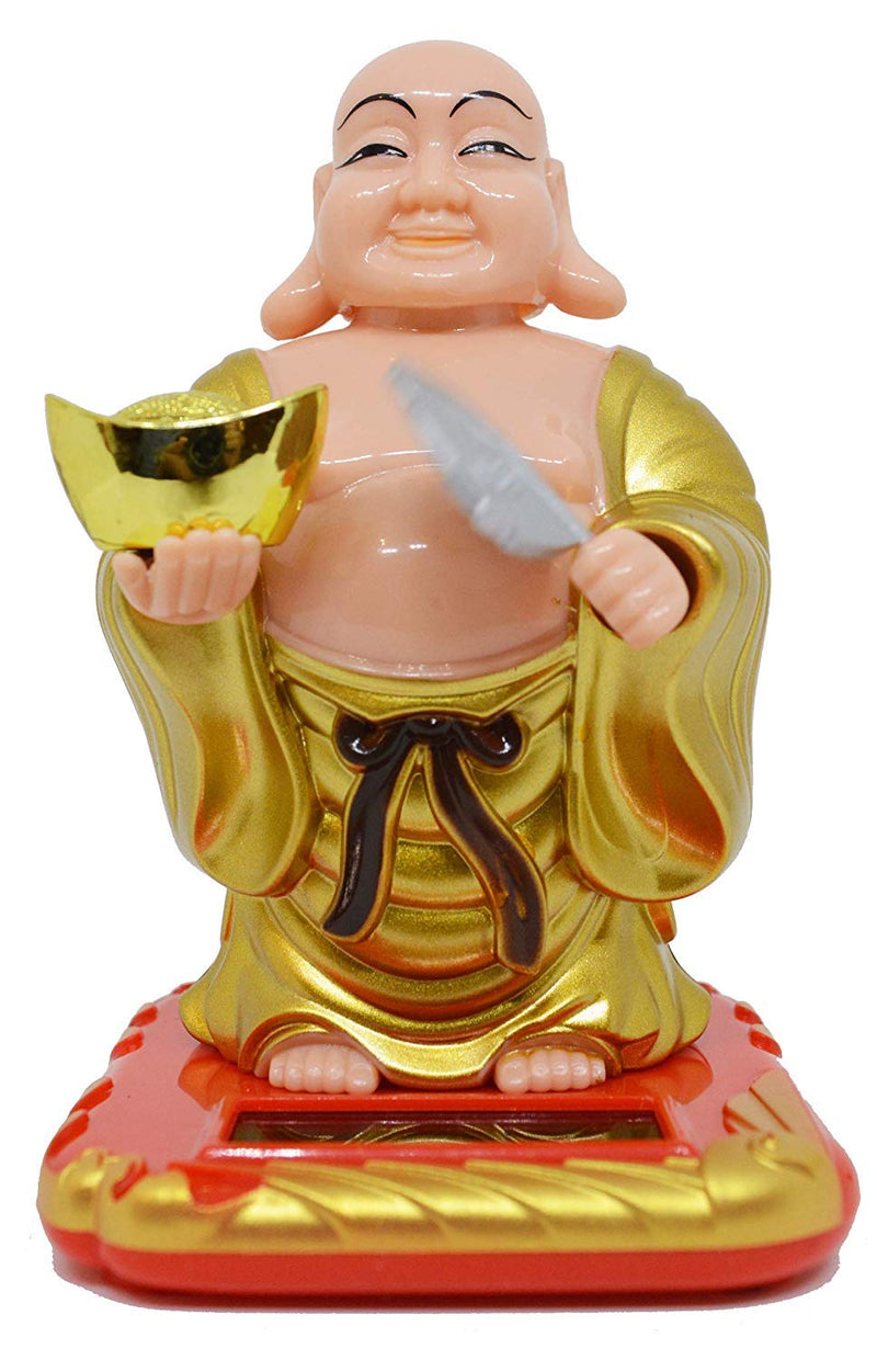 Solar Laughing Buddha with Waving Fan - 19 cm Moving Head for Health Wealth & Prosperity