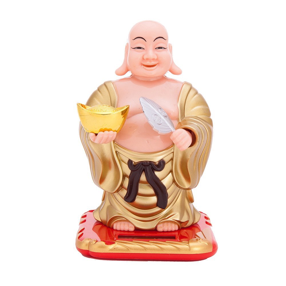 Solar Laughing Buddha with Waving Fan - 19 cm Moving Head for Health Wealth & Prosperity