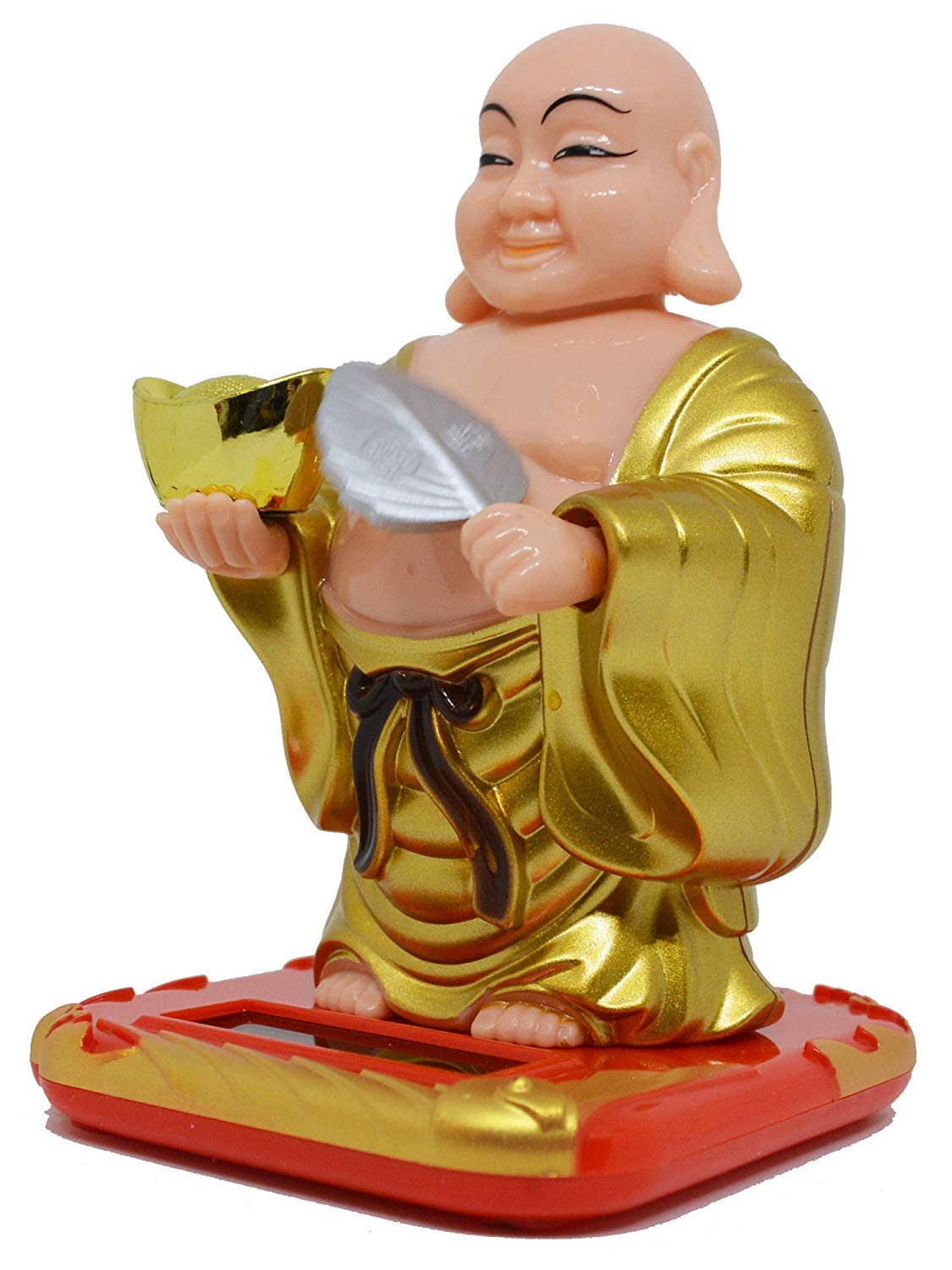 Solar Laughing Buddha with Waving Fan - 19 cm Moving Head for Health Wealth & Prosperity