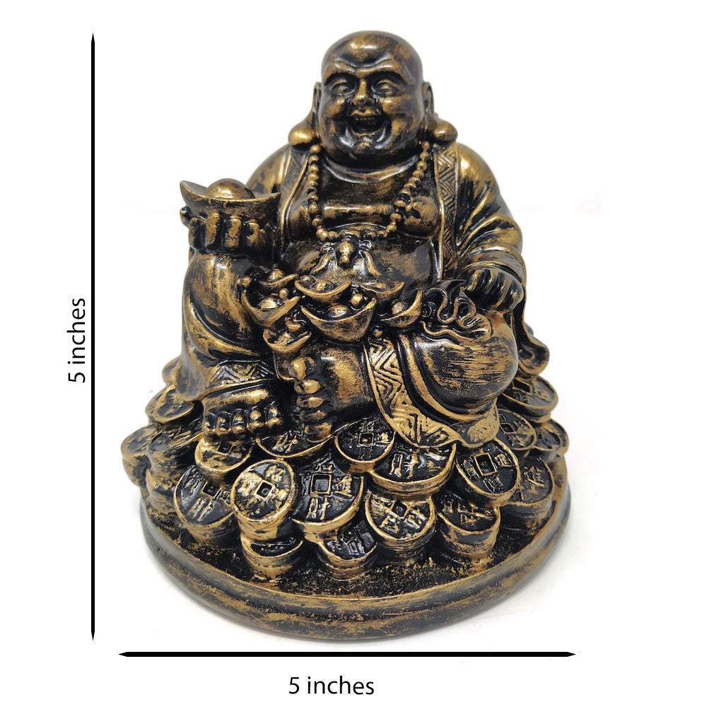 Fengshui Laughing Buddha Sitting on Luck Money Coins Carrying Golden Ingot for Good Luck & Happiness (5 inches)