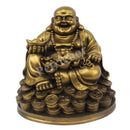 Fengshui Laughing Buddha Sitting on Luck Money Coins Carrying Golden Ingot for Good Luck & Happiness (5 inches)