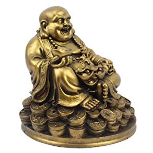 Fengshui Laughing Buddha Sitting on Luck Money Coins Carrying Golden Ingot for Good Luck & Happiness (5 inches)